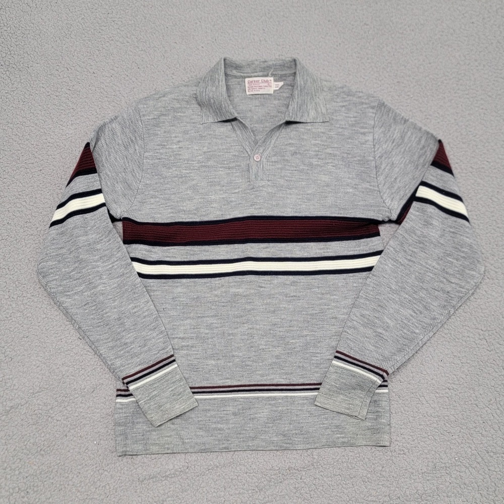 Vintage 80s Knit Polo Shirt Mens XL (Fits Small) Gray Stripe Long Sleeve Acrylic
